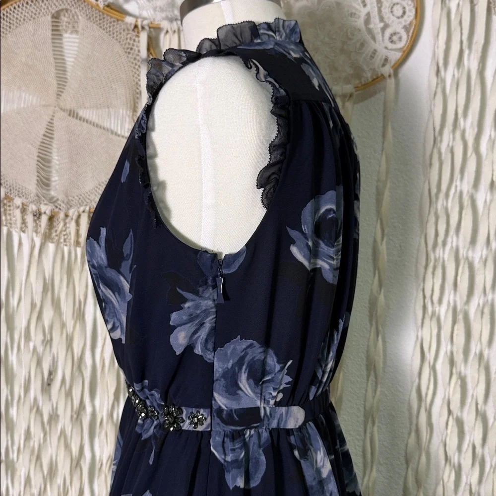 Kate Spade Navy and Light Blue Floral Chiffon Embellished Midi Length Dress XS